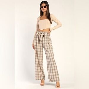 Lulus Ivory Plaid Paperbag Wide-Leg Pants